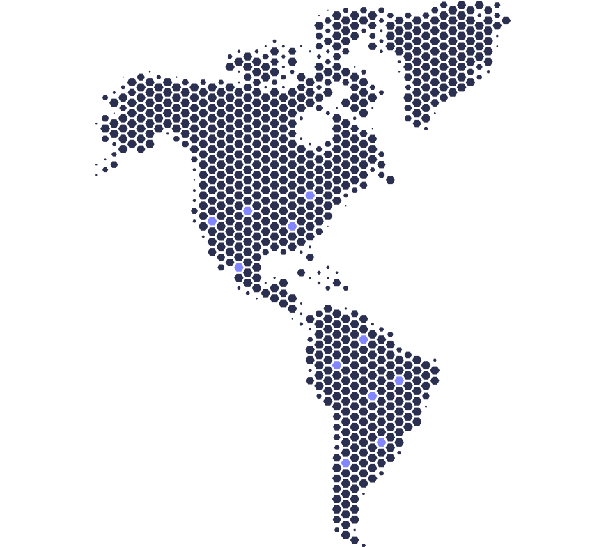 Mapa minimalista de América con puntos destacados que indican las regiones donde opera la empresa