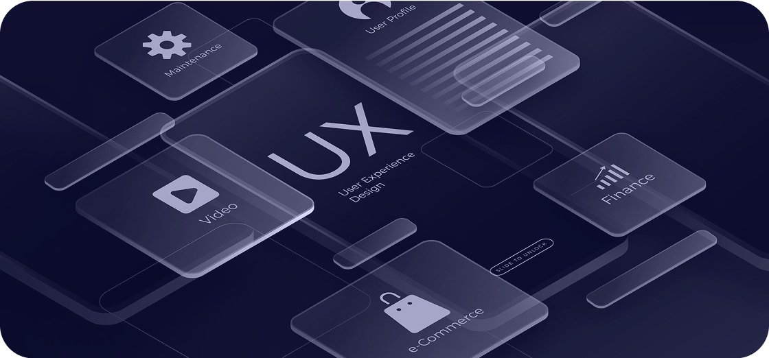 Ilustración moderna mostrando una tarjeta que dice "UX - User experience design"